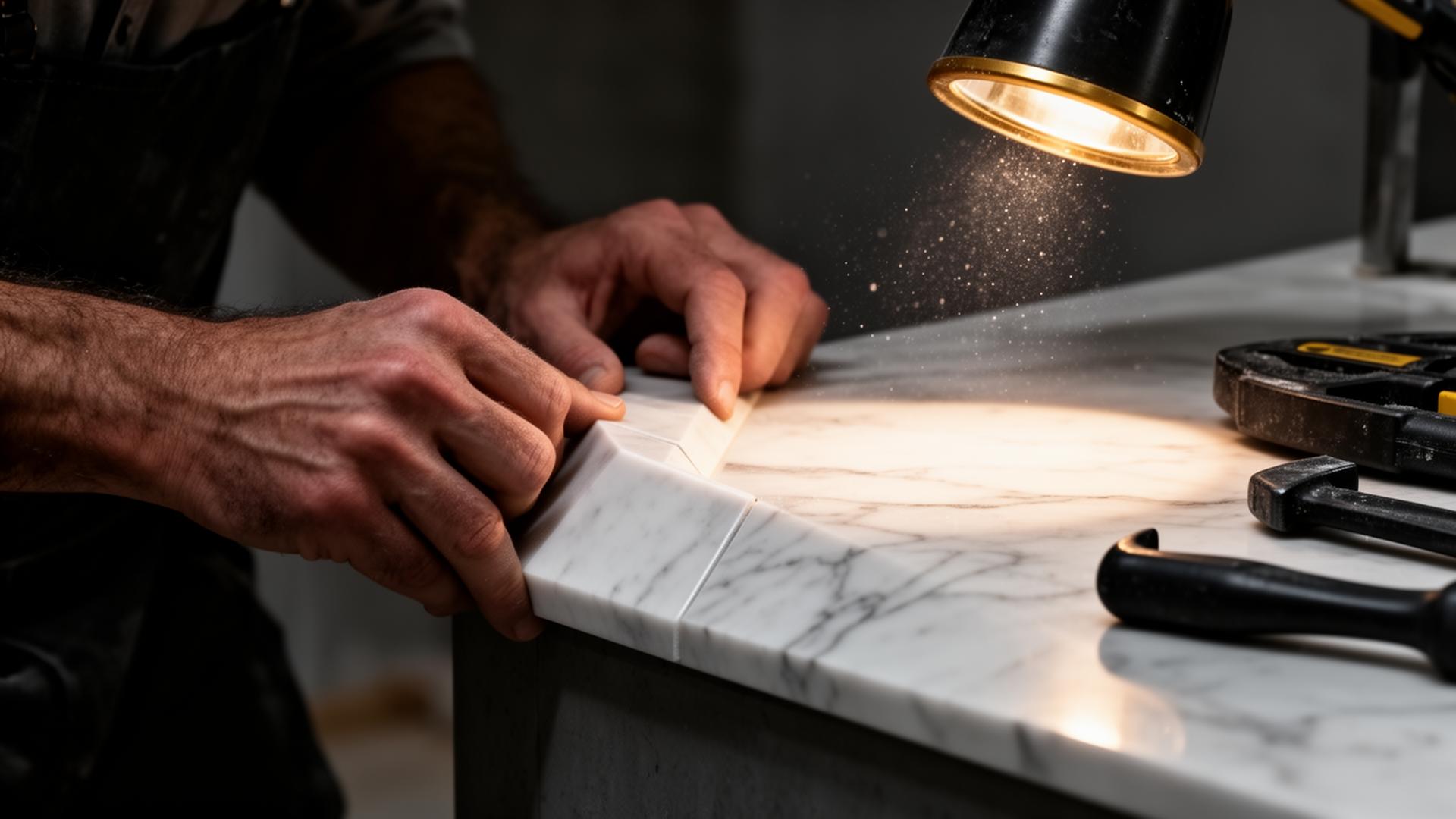 Spartan craftsman fitting a mitered marble countertop edge
