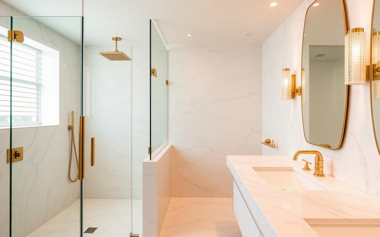Spa bathroom remodel with marble and brass