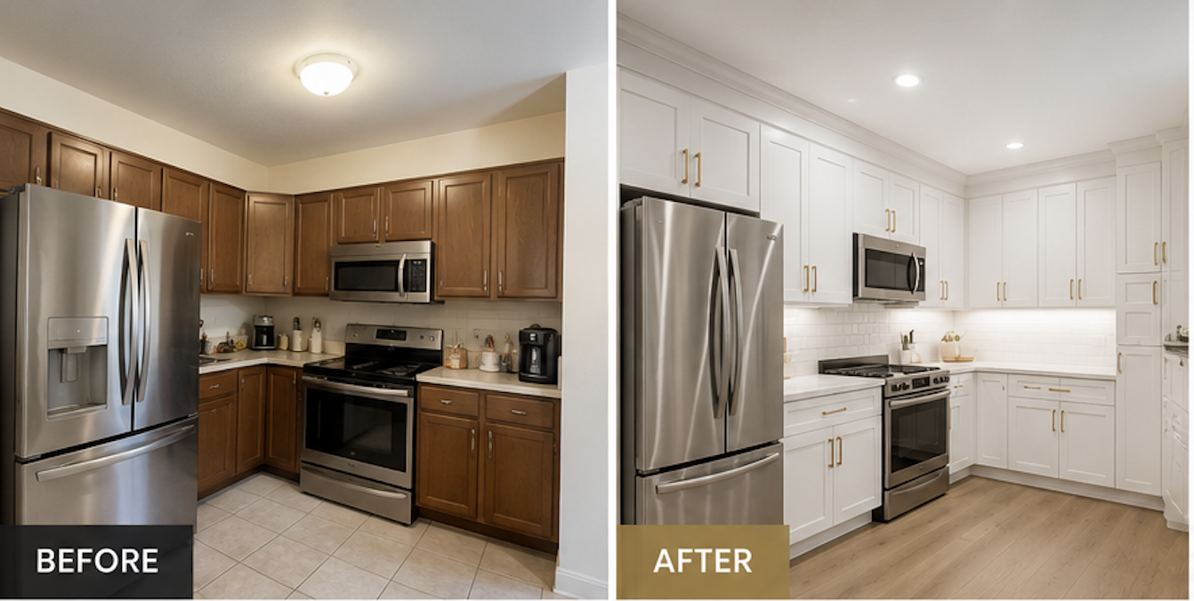 Kitchen remodel before and after — white shaker cabinets