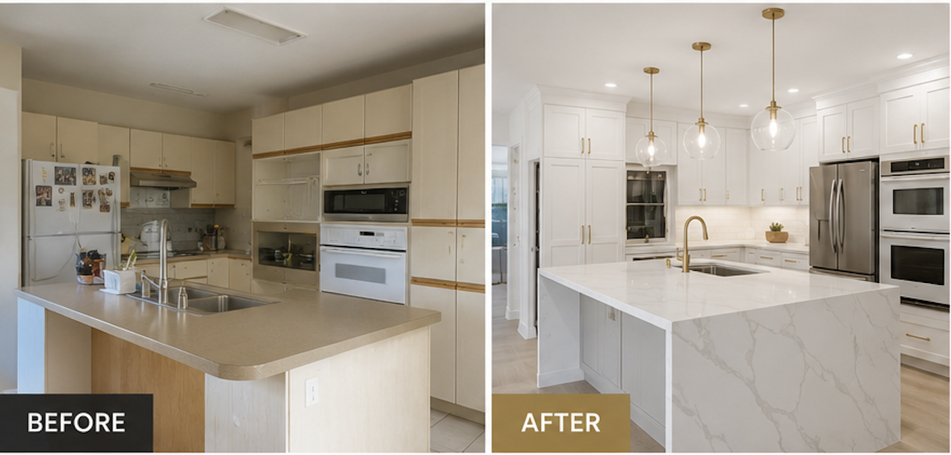 Kitchen island remodel before and after — marble waterfall